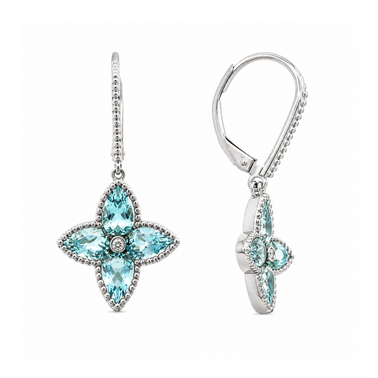 14K White Gold Aquamarine and Diamond Dangling Earrings