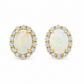 14K Yellow Gold Oval Opal and Diamond Halo Stud Earrings