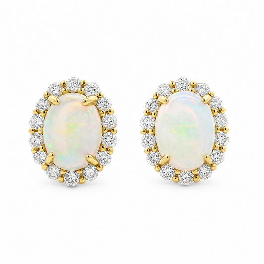 14K Yellow Gold Oval Opal and Diamond Halo Stud Earrings