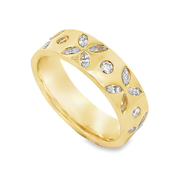 14K Yellow Gold Floral Motif Station Wide Diamond Band