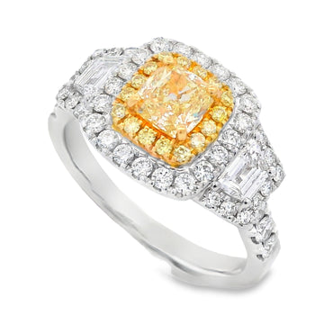18K Two-Tone Yellow Diamond Halo Three-Stone Fashion Ring