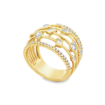 18K Yellow Gold 6-Row with Diamond Accents Ladies Fashion Ring