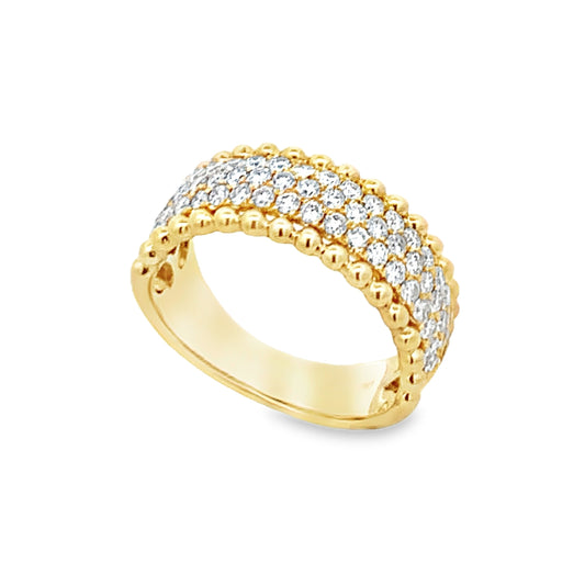 18K Yellow Gold 8mm Diamond Ring with Bead Detail on Sides