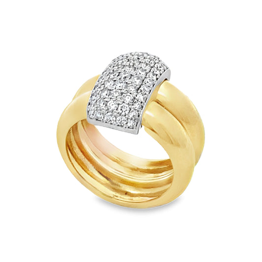 18K Yellow & White Gold Double-Shank and Pave Diamond Vertical Buckle Ladies Fashion Ring