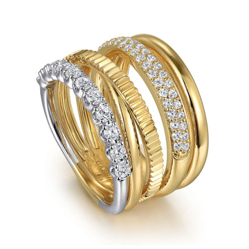 Gabriel & Co. 14K White & Yellow Gold Diamond Easy Stackable Wide Criss Cross Ring