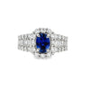 18K White Gold Oval Sapphire and Diamond Halo and Shank Ring