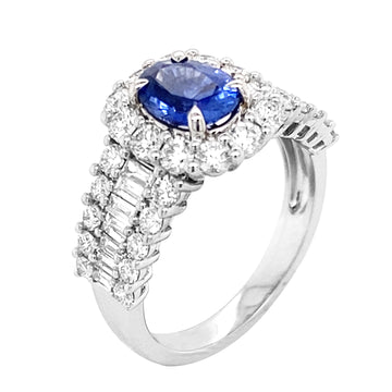 18K White Gold Oval Sapphire and Diamond Halo and Shank Ring