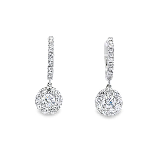 14K White Gold 1-Carat Diamond Dangling Lever Cluster Earrings