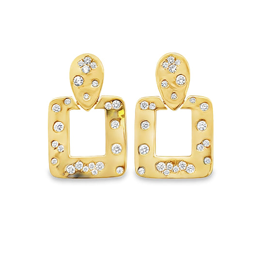 18K Yellow Gold Burnished Diamond Geometric Dangling Earrings