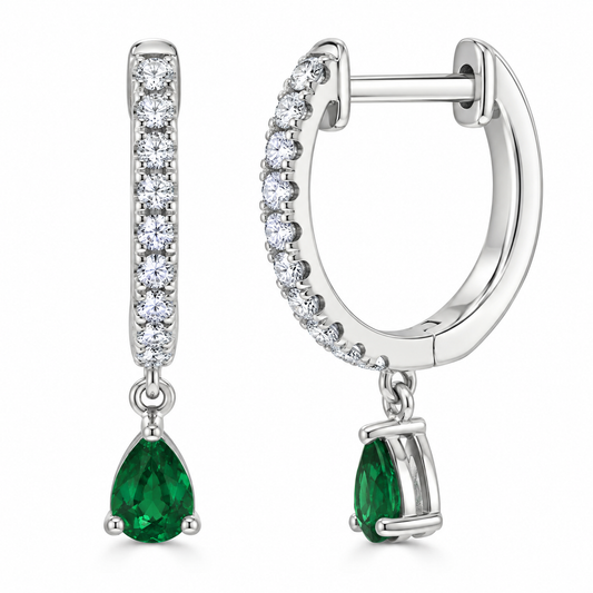14K White Gold Diamond Huggie Earrings with Emerald Dangle