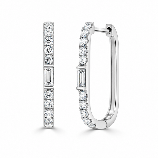 18K White Gold Round and Baguette Diamond Rectangular Huggies