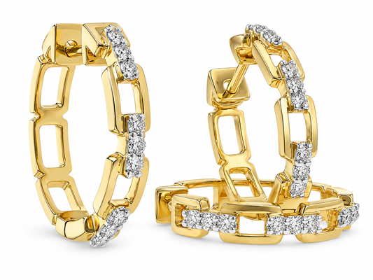 Allison Kaufman 14K Yellow and White Gold Alternating Diamond Bar and Chain Link Hoops
