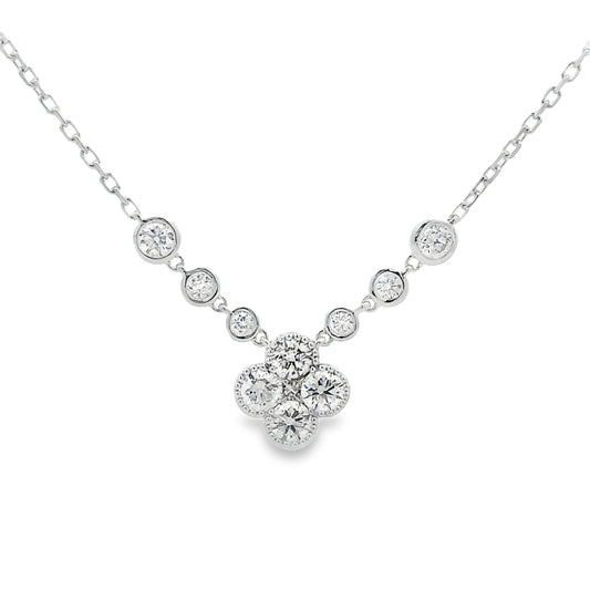 14K White Gold Diamond Clover and Bezel Necklace