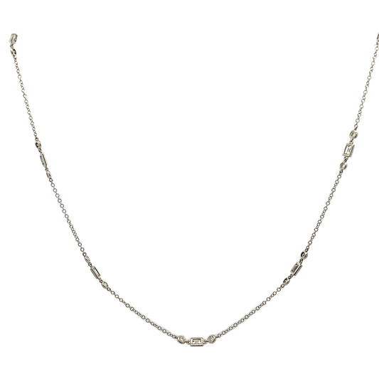 18K White Gold Diamond By The Yard with 8 Baguette and Round Diamonds Stations Necklace 18"