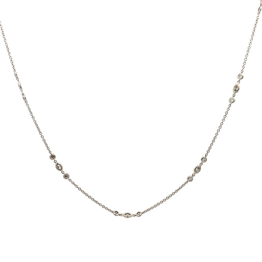 18K White Gold Diamond Necklace 18" with 8 Round and Marquise Diamond Stations