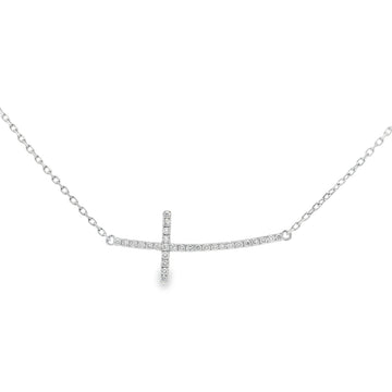 18K White Gold Diamond Horizontal Cross Necklace