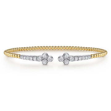 Gabriel & Co. 14K Yellow and White Gold Bujukan and Diamond Clover Open Bangle