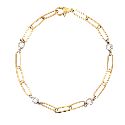 18K Two-Tone 4 Diamond Bezel Stations Oval Link Bracelet
