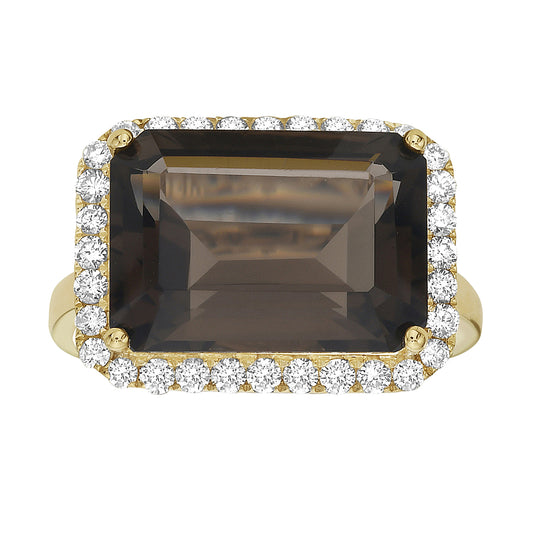 14K Yellow Gold Smokey Quartz and Diamond Ring