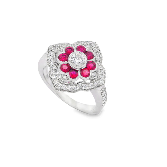 18K White Gold Ruby and Diamond Flower Ring