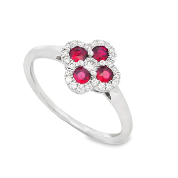 18K White Gold Ruby and Diamond Clover Ring