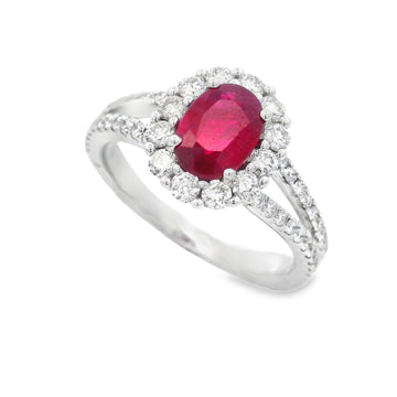 18K White Gold Ruby and Diamond Three-Stone Ring