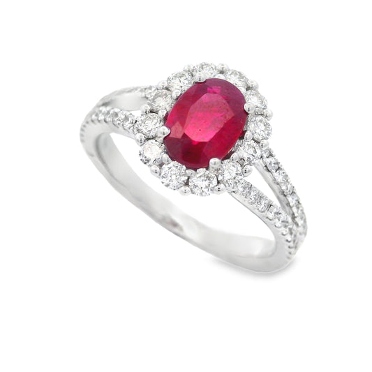 18K White Gold Ruby and Diamond Three-Stone Ring