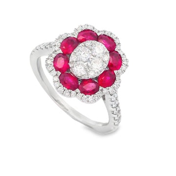 18K White Gold Ruby and Diamond Oval Flower Ring