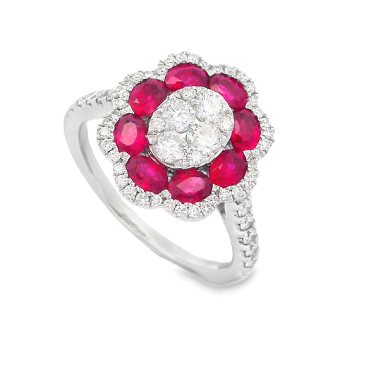 18K White Gold Ruby and Diamond Oval Flower Ring