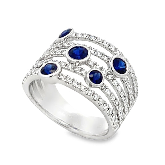 18K White Gold 5-Row Diamond Riing with 5 Bezel-Set Sapphire Accents