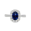 18K White Gold Oval Blue Sapphire and Diamond Halo and Shank Ring