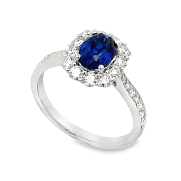 18K White Gold Oval Blue Sapphire and Diamond Halo and Shank Ring