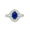 18K White Gold Oval Sapphire with Double Diamond Halo and Split Shank Ring