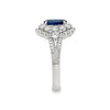 18K White Gold Oval Sapphire with Double Diamond Halo and Split Shank Ring