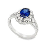 18K White Gold Oval Sapphire with Double Diamond Halo and Split Shank Ring
