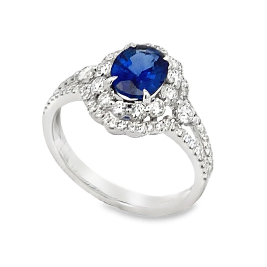 18K White Gold Oval Sapphire with Double Diamond Halo and Split Shank Ring