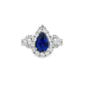 18K White Gold Pear Sapphire with Diamond Halo and 2 Pear Side Diamonds and Diamond Shank Ring