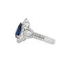 18K White Gold Pear Sapphire with Diamond Halo and 2 Pear Side Diamonds and Diamond Shank Ring