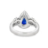 18K White Gold Pear Sapphire with Diamond Halo and 2 Pear Side Diamonds and Diamond Shank Ring