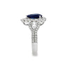18K White Gold Pear Sapphire with Diamond Halo and 2 Pear Side Diamonds and Diamond Shank Ring