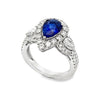 18K White Gold Pear Sapphire with Diamond Halo and 2 Pear Side Diamonds and Diamond Shank Ring