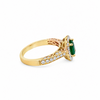 14K Yellow Gold Oval Emerald and Diamond Halo and Shank with Milgrain Detail Ring