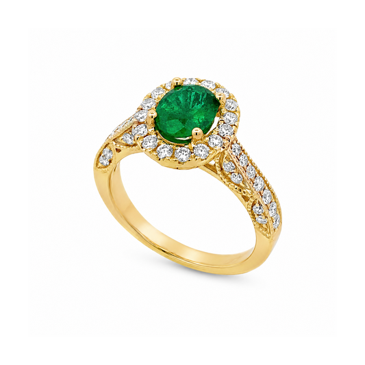 14K Yellow Gold Oval Emerald and Diamond Halo and Shank with Milgrain Detail Ring