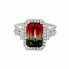 14K White Gold Emerald Cut Watermelon Tourmaline and Diamond Halo and Shank Ring