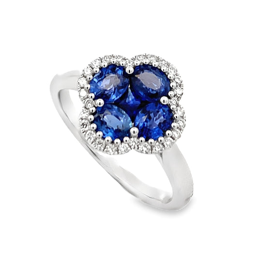 14K White Gold Sapphire and Diamond Cluster Ring