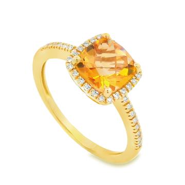 14K Yellow Gold Cushion Citrine & Diamond Halo Ring