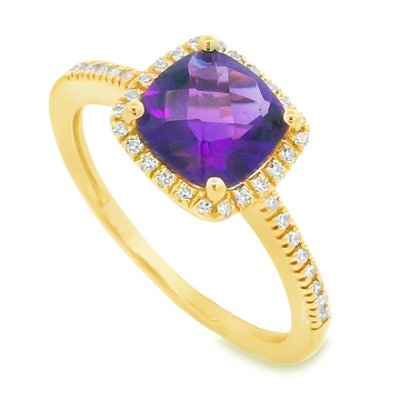 14K Yellow Gold Cushion Amethyst & Diamond Halo Ring