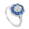 18K White Gold Sapphire & Diamond Flower Halo Cluster Ring