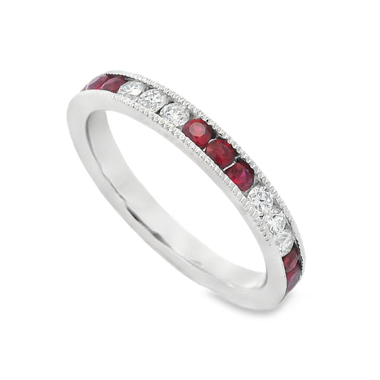 Roman Jewelers Signature 14K White Gold Ruby & Diamond Milgrain Detail Ring