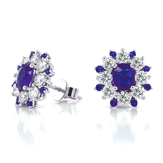 14K White Gold Blue Sapphire and Diamond Oval Burst Studs